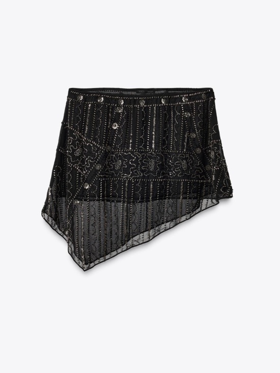 Zara Dresses & Skirts - Zara Black Asymmetrical Beaded Mesh Skirt